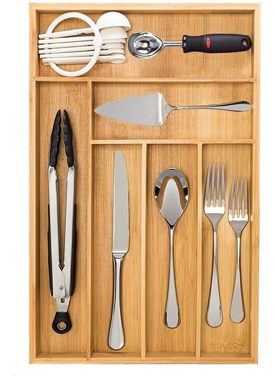 Buy Large Bamboo Kitchen Flatware Drawer Organizer Divider, Cutlery and Utensil Holder Tray with 6 Compartments in UAE