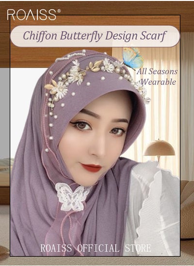 Buy Women's Chiffon Hijab Muslim Casual Scarf Floral Pearl Turban for Ladies Beading Decoration Versatile All Seasons Wearable Traditional Wear Hijab in UAE