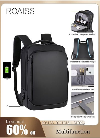 اشتري Waterproof Nylon Backpack Casual Breathable Large Capacity Laptop Multifunction School Bag with USB Port for Men Work Travel Flight Business Black في السعودية