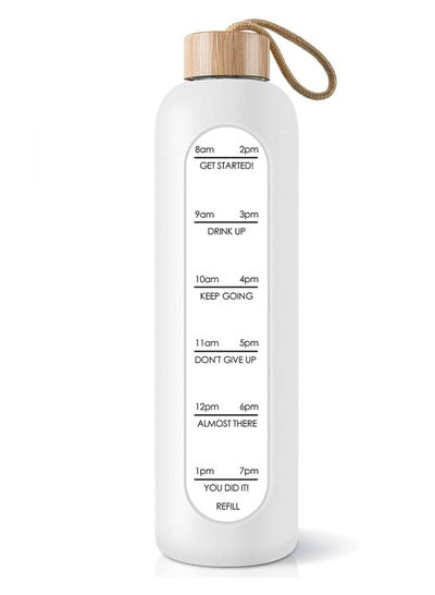 اشتري 32 Oz Borosilicate Glass Water Bottle with Time Marker Reminder Quotes, Leak Proof Reusable BPA Free Motivational Water Bottle with Silicone Sleeve and Bamboo Lid في الامارات