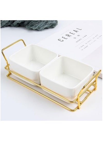 اشتري White Square Ceramic Snack Bowl Tray With Metal Rack & Lids (2 Bowls) في الامارات