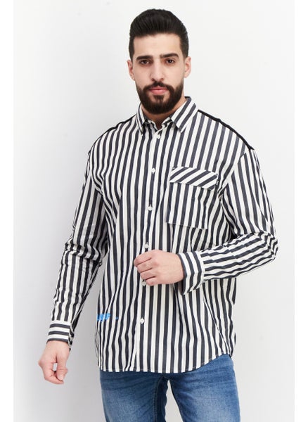 Buy Men Loose Fit Stripe Long Sleeve Casual Shirt, Blue/White in UAE