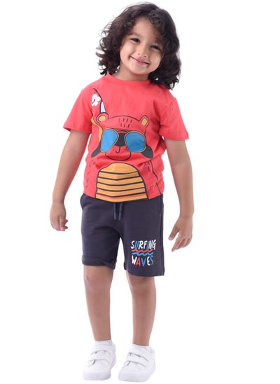 Buy Victor & Jane Boys' Comfortable 2-Piece T-Shirt & Shorts Set (2-8 Years)- Rust & Grey, 100% Cotton in UAE