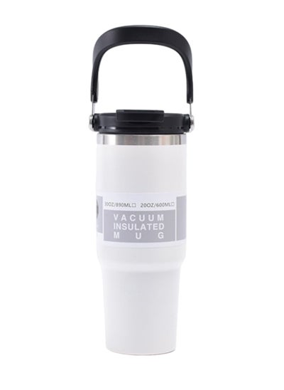 اشتري 30 oz Insulated Mug with Handle, Stainless Steel Double Decker Water Bottle with Lid and Straw, Reusable Coffee Mug, Travel Mug, Insulated Tumbler, Wide Mouth Smoothie Mug (White) في الامارات