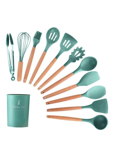 Buy 11- Piece Wooden Handle Non Stick Cookware Spoon Set Green in Egypt