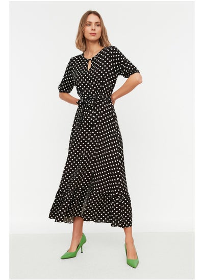 Buy Black Belted Polka Dot Crew Neck Midi Woven Dress TWOSS19XM0064 in Egypt