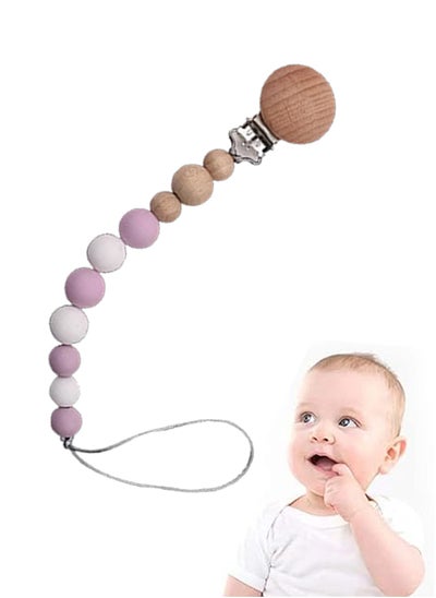 Buy 1-Piece Silicone Beads Wooden Holder Baby Pacifier Clip Chain Silicone Pacifier Soother Beaded Chain Clip For Baby Boys Girls Safety Material Drop-proof Fits Most Pacifiers in Saudi Arabia