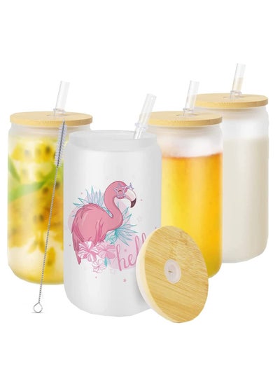 اشتري Sublimation Glass Blanks with Bamboo Lid 350ML Frosted Sublimation Can Glass Sublimation Glass Tumblers for Iced Coffee Juice Soda Drinks (4 PACK) في الامارات