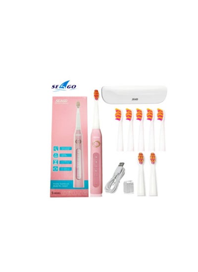 اشتري Seago pink electric toothbrush with 5 brush heads, 1 white storage case, multiple brushing modes and built-in timer في السعودية