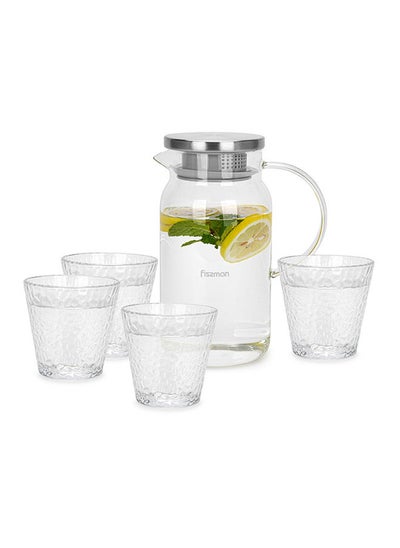 اشتري Picther Jug  and Glass Cup Set Borosilicate Glass Heat Resistant with Arc Shape Handle, Leakproof Lid And Stainless Steel Housing 1400ml + 4x290ml في الامارات