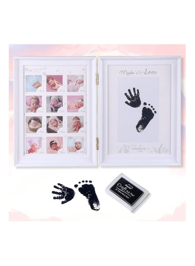 Buy Baby Hand and Footprint Kit Framed Photo Anniversary Growth Record Gifts Reusable Ink Cartridge Frame Foldable White in UAE