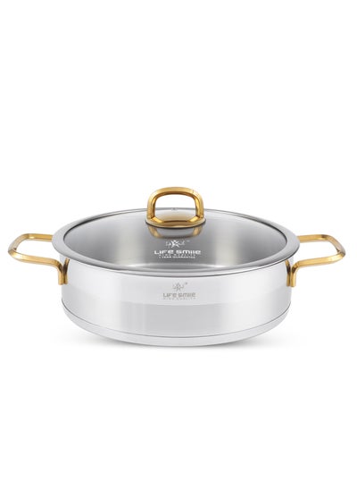 Buy Premium 18/10 Stainless Steel Shallow Cooking Pot - Induction 3-Ply Thick Base Casserrole with Glass Lid for Even Heating Oven Safe Silver Gold in UAE