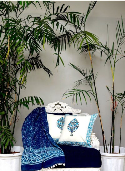 Buy Iris Blue and White Cotton Hand Block Printed Cushion Cover 40 X 40 Cm in UAE