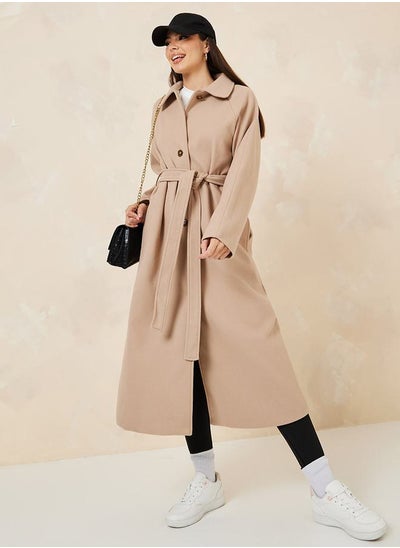 Buy Oversized Solid Belted Midi Coat in Saudi Arabia