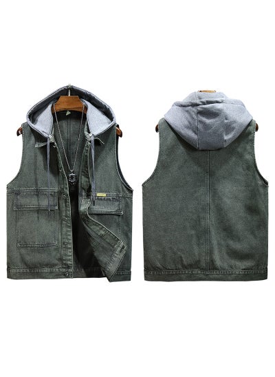 اشتري 2024 Unisex Trendy Denim Vest Hooded Sleeveless army green في السعودية