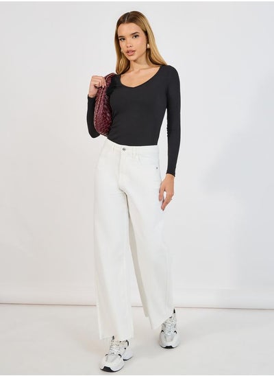 Buy Solid Wide Leg Jeans with Raw Edge in Saudi Arabia