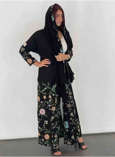 Buy Black abaya with fabric embroidered with flowers at the bottom and a distinctive sleeve embroidered in the shape of colored roses with an embroidered veil in Saudi Arabia