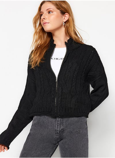 Buy Black Soft-textured Sweater Cardigan with Zipper and Braids TWOAW24HI00202. in Egypt