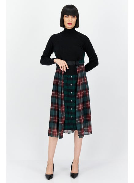 Buy Women Knitted Checkered Long Sleeve Midi Dress, Black/Green Combo in UAE