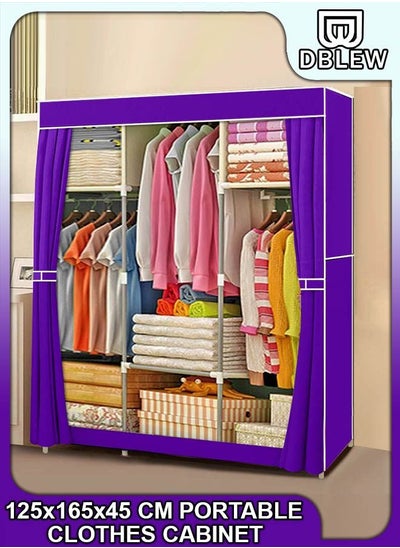 Buy Portable 125Cm Closets Folding Wardrobe with 3 Hanging Rods and 6 Storage Organizer Rack Shelves Non-Woven Fabric Stable Shelf and Easy Assembly For Clothes Strong and Durable Cabinet in UAE