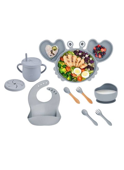 اشتري 9pcs Silicone Baby Feeding Set, Toddler Self Feeding Dish Set, Crab Divided Plate, Self Feeding Utensils في السعودية