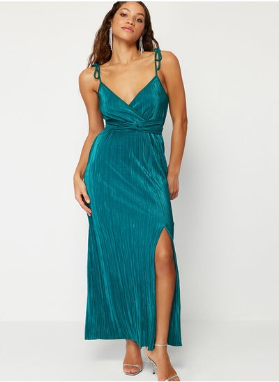 اشتري Emerald Green Belted A-Cut Lined Pleated Knitted Elegant Evening Dress TPRSS24EL00093 في مصر