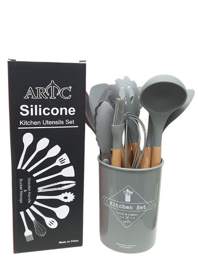 اشتري 12 Pieces Heat Resistant Non-Stick Silicone Cooking Utensil Set Light Grey في الامارات