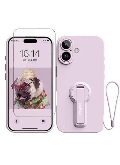 Buy iPhone 16 Plus Case Cover with Screen Protector，Multi-Angle Foldable Stand Liquid Silicone Phone Case with Lanyard, Slim Shockproof Full Coverage Camera Protection, Anti-Scratch and Anti-Rubbing (Light Purple) in UAE