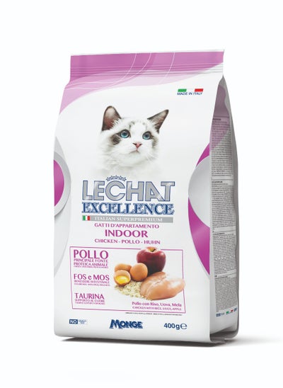 Buy Lechat Excellence by Monge | Indoor Cat Dry Food with Chicken, Rice, Egg and Apple | Super Premium Complementary Dry Cat Food - 400g in UAE