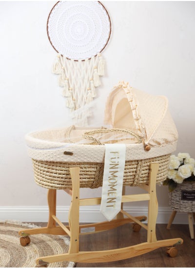 Buy Moses Basket Beige Color with Wooden Stand on Wheels in Saudi Arabia