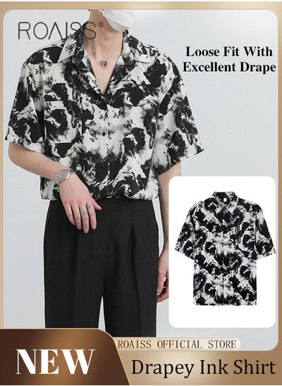 Buy Men Printed Shirt Loose Fit Stand Collar Flowy Silhouette Ink Splash Print Design Youthful and Fashionable Shirt for Casual and Business Occasions in UAE