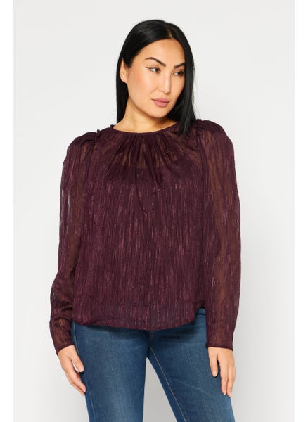 Buy Women Crew Neck Long Sleeves Textured Blouse, Maroon in UAE