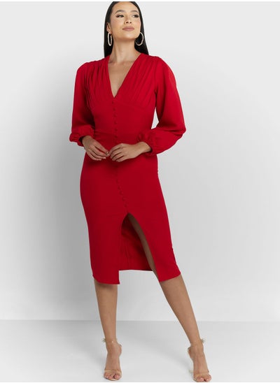 Buy Bishop Sleeve Bodycon Dress With Slit in Saudi Arabia