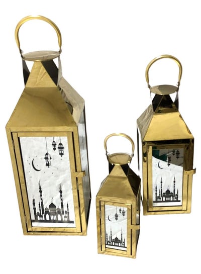Buy Ramadan Lantern set triple beautiful and modern design golden color in Saudi Arabia