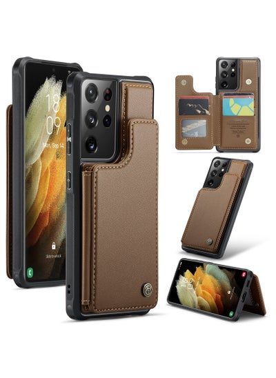 Buy Wallet Case for Samsung Galaxy S21 Ultra, Premium Handmade Durable PU Leather Slim Shockproof Case with [Double Magnetic Clasp] [Card Holder] [Kickstand] [RFID Blocking] (Brown) in Egypt