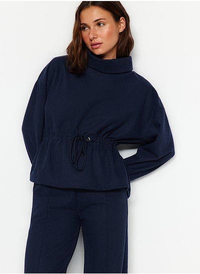 Buy Navy Blue Thessaloniki/Knitwear Look High Neck Gathered Regular Fit Knitted Sweatshirt TWOAW24SW00146 in Egypt