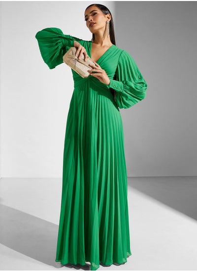 Buy Plunge Neck Puff Sleeves Pleated Dress in Saudi Arabia