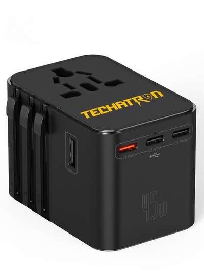 اشتري 45W GAN Charger 5-in-1 Universal Travel Adapter (Type C/G/A/I) for US/AU/UK/EU | 2 USB-A, 2 USB-C, 1 AC Socket | European Travel Plug Adapter | International Power Adapter | Black في الامارات