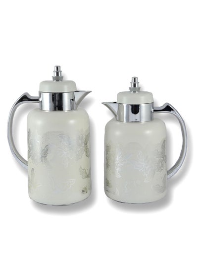 Buy 2-Piece Tea & Coffee Flask - 0.7 Liter & 1 Liter Capacity - Glass Inner - ABS Body - White & Silver in UAE