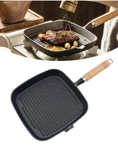 Buy Cast Iron Square Grill Pan, Non-Stick Steak Skillet with Wooden Handle and Oil Pouring Spout, Pre-Seasoned Square Induction Skillet Electric Gas Stove Grill Skillet. in UAE