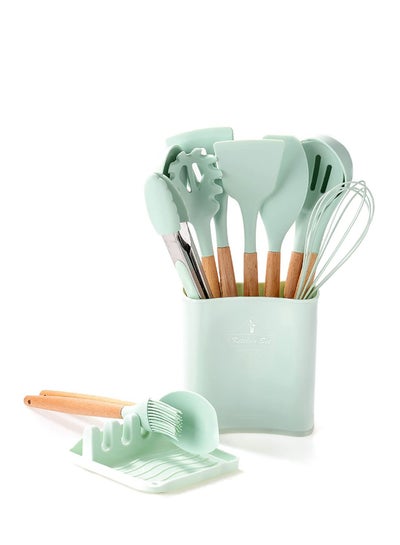 اشتري سيليكون مجموعة أدوات المطبخ ، سيليكون مجموعة أدوات المطبخ 13 قطعة ، غير سامة ، مقاومة للحرارة مجموعة أدوات المطبخ ، مع تخزين برميل غطاء الرف ، الأخضر في السعودية