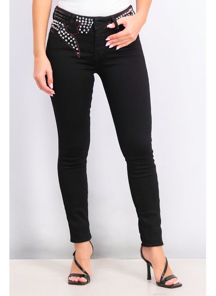 Buy Women Super Slim Fit Spiked Stretchable Jeans, Black and Silver in Saudi Arabia