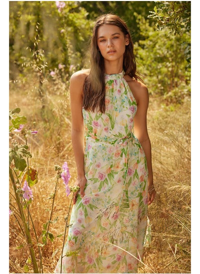 Buy Ecru Floral Print Belted A-line Halter Neck Sleeveless Midi Lined Woven Dress TWOSS20EL2536 in Egypt