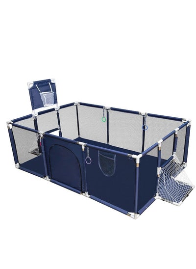 Buy Large toddler stainless steel steering tube foldable with soccer and basketball hoop, baby safe playpen - blue in Saudi Arabia