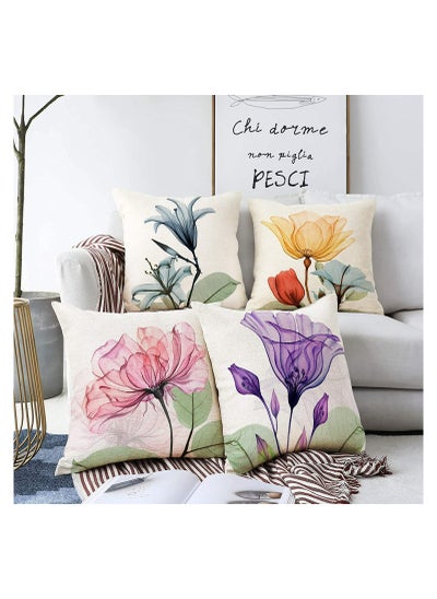 Buy Floral Decorative Pillow Covers 18 x 18 Inches Linen Cushion Cases for Living Room Sofa Patio Outdoor Home Decor Ink Flower Printed Pillowcase for Sofa Bedside Office in UAE