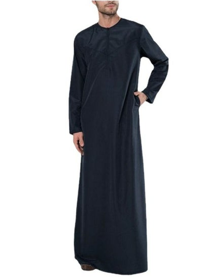 اشتري Men's Muslim Robe Thobe Solid Color Round Neck Long Sleeve Kaftan With Pockets Navy Blue في السعودية