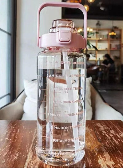 Buy 2 Litre Water Bottle With Straw Leak Proof Time Mark and Handle For Health Gym Kids - Clear Pink in UAE