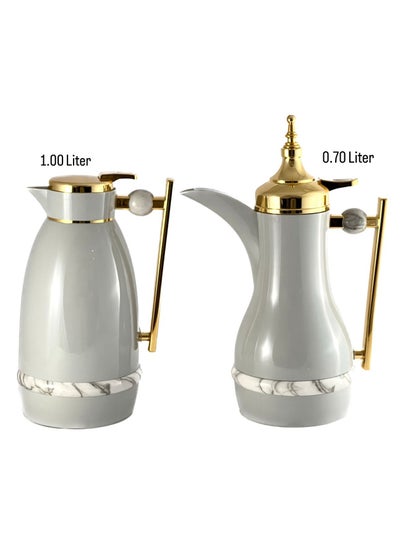 Buy 2-Piece Tea & Coffee Flask - 0.7 Liter & 1 Liter Capacity - Glass Inner - ABS Body - Light Grey & Gold in UAE