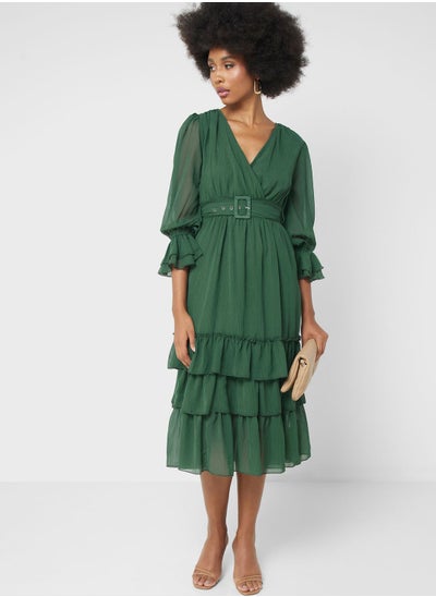 Buy Ruffle Hem Belted Dress in Saudi Arabia