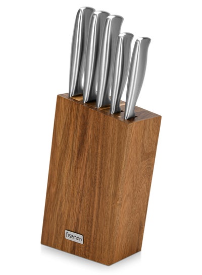 Buy 6-Piece Knife Set Nagatomi with Acacia Wooden Block X30Cr13 Steel, Chef Knife 20cm, Slicing Knife 20cm, Bread Knife 20cm, Utility Knife 13cm, Pairing Knife 9cm, Complete Set with Stand in UAE